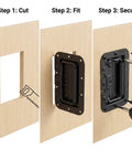Installation process for Large Recessed Spring Loaded Steel Handle Set 4 Pack for flush mount cabinets and racks, step-by-step guide.