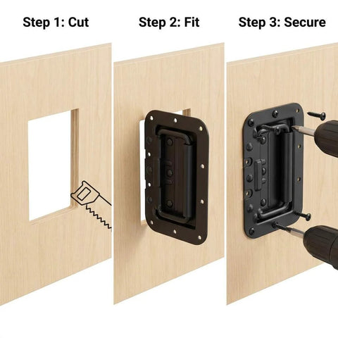 Installation process for Large Recessed Spring Loaded Steel Handle Set 4 Pack for flush mount cabinets and racks, step-by-step guide.