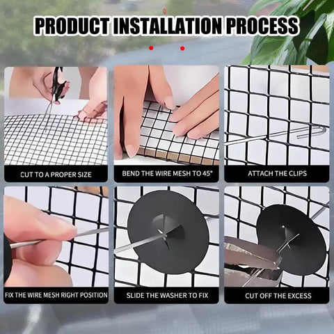 Product installation process for Lock Down Your Roof With This Heavy Duty Solar Panel Protective Net shows cutting and attaching clips.