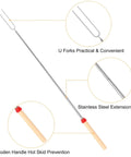 32 Inch Telescoping Marshmallow Roasting Sticks Set For Campfire Open Fire Pit S'mores Skewers Perfect For Roasting Marshmallows, Hot Dogs, And Sausages, 5 Pack With Bright Color Tips For Easy Grilling And Campout Vibes All Night showing stainless steel extension, U forks, and wooden handle.