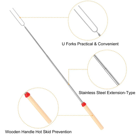 32 Inch Telescoping Marshmallow Roasting Sticks Set For Campfire Open Fire Pit S'mores Skewers Perfect For Roasting Marshmallows, Hot Dogs, And Sausages, 5 Pack With Bright Color Tips For Easy Grilling And Campout Vibes All Night showing stainless steel extension, U forks, and wooden handle.