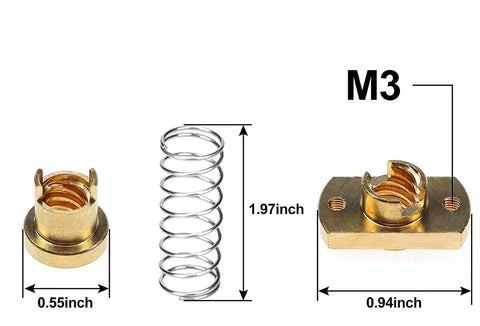 Spring Loaded Anti Backlash Nut Kit components with brass nuts and steel spring for Z Axis 8mm T8 lead screw upgrades; labeled dimensions.