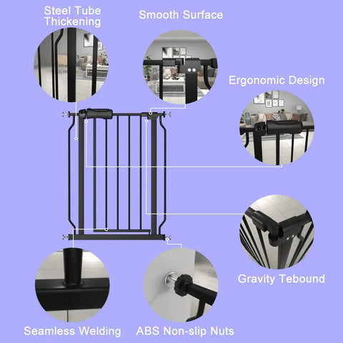 Extra Wide Baby Gate With Walk Through Door And Auto Close, EZ Install, Adjustable Pressure Mount Black Metal Safe Gate features