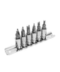 Top Shelf Six Piece One Quarter Inch Drive Spanner Bit Socket Set Built Tough From High Speed Steel With Rust Resistant Coating and ANSI Approval on storage rail.