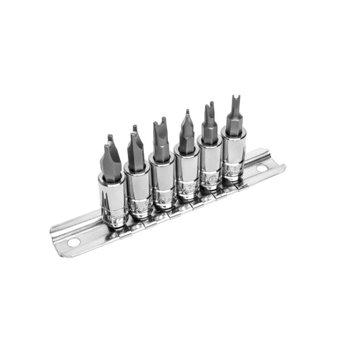 Top Shelf Six Piece One Quarter Inch Drive Spanner Bit Socket Set Built Tough From High Speed Steel With Rust Resistant Coating and ANSI Approval on storage rail.
