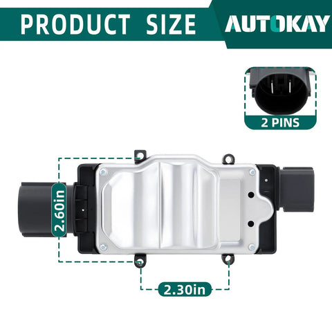 Heavy Duty Engine Cooling Fan Control Module For Ford Fusion Taurus Lincoln Mkz Mks Direct Fit 8G1Z8B658A showing dimensions and pin details.