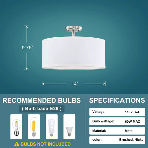 Diagram of Fabric Drum Shade Semi Flush Mount Ceiling Light With PS Diffuser Off White Fabric Brushed Nickel Finish Modern Vibe.