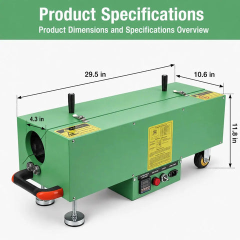 Heavy Duty Electric PVC Pipe Heater With Built In Temp Detector And Auto Shut Off For 1/2 To 4 Inch Conduit Bending showing dimensions 29.5 in x 10.6 in x 11.8 in.