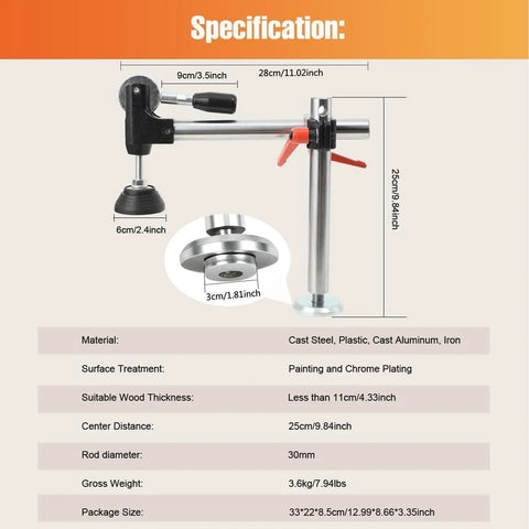 Dead Legit Sliding Table Saw Clamp And Presser Featuring Rugged Cast Iron Build With Comfy Anti Slip Grip For Precision Woodworking Shop Ready Workhorse specifications showing dimensions and materials used.