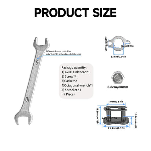 Product size chart for 428 Chain Front Engine Sprocket 18T 17mm Width For 50cc 70cc 110cc 125cc 140cc 160cc Honda TaoTao Roketa Coolster.