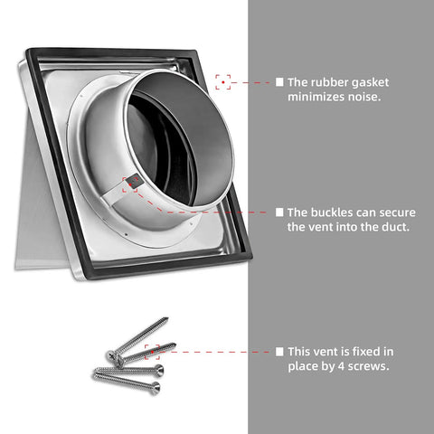 4 Inch External Extractor Wall Vent With Cushioned Non Return Flap, brushed stainless steel, 4-screw install, rubber gasket