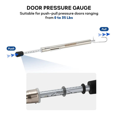 Dual End Door Force Gauge Workhorse With Push Pull Tester 0 to 35 Pounds and 16 Kilograms, Stainless Steel Body With Hook, Door Closer and Lock Adjustment, ADA Compliance Verified, Lightweight and Highly Accurate showing push and pull scale