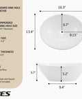 Premium Oval Ceramic Vessel Sink For Bathroom Vanity Countertop Glossy White Porcelain Bowl Above Counter, 16.3 x 13.4 inches dimensions.