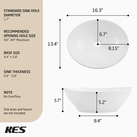 Premium Oval Ceramic Vessel Sink For Bathroom Vanity Countertop Glossy White Porcelain Bowl Above Counter, 16.3 x 13.4 inches dimensions.
