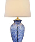 28 Inch Sky Blue Hand Blown Glass Table Lamp With Ginger Jar Twist, Rip Finish And Wave Pattern, white linen shade