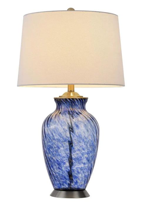 28 Inch Sky Blue Hand Blown Glass Table Lamp With Ginger Jar Twist, Rip Finish And Wave Pattern, white linen shade