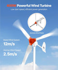400W wind turbine from 12V 600W Solar Wind Power Kit in motion against clear sky, featuring rated and startup speed details.