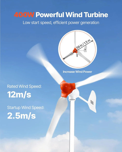 400W wind turbine from 12V 600W Solar Wind Power Kit in motion against clear sky, featuring rated and startup speed details.