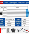 Beefy 7.5KW 380V Water Cooled Spindle Motor With Four Bearings 6000 To 24000 RPM CNC Router; dimensions and specs table