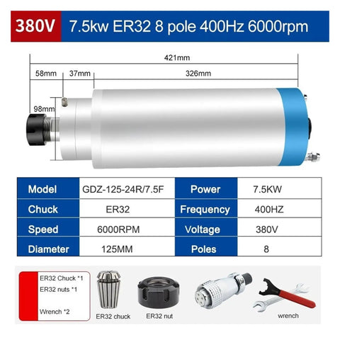 Beefy 7.5KW 380V Water Cooled Spindle Motor With Four Bearings 6000 To 24000 RPM CNC Router; dimensions and specs table