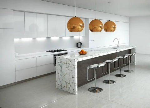 Modern kitchen featuring Water Based Stone Enhancer And Sealant For Marble Granite Limestone countertop with sleek bar stools.