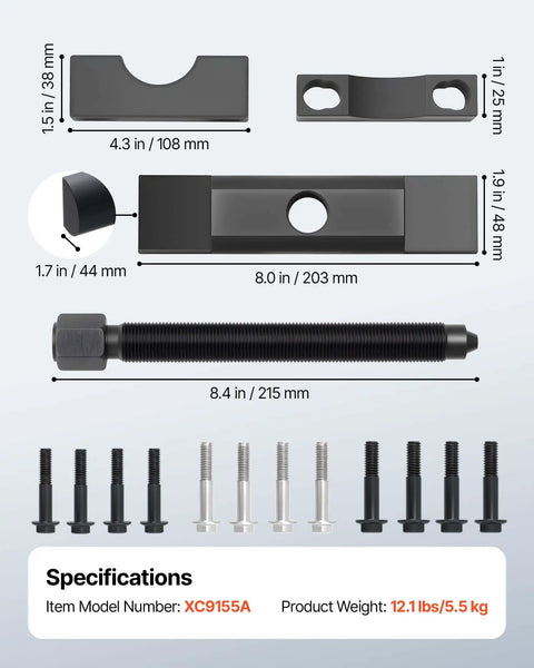 Beefed-Up Heavy Duty Yoke Puller Kit For Class 6-8 Trucks And Equipment, showing bolts and components dimensions