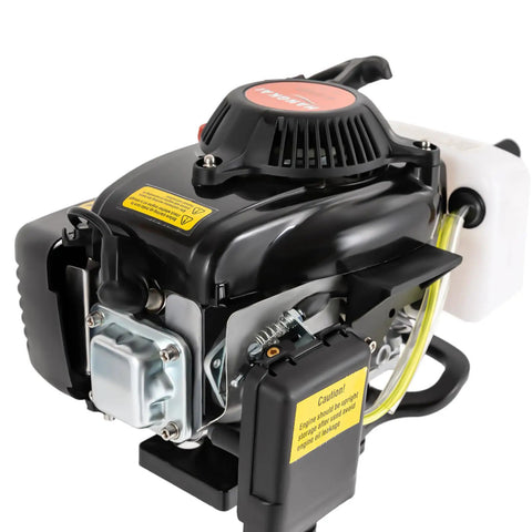Black Beefy 4HP Gas Outboard Motor 55cc 4-Stroke with Air Cooling, close-up of engine body and manual pull start handle.