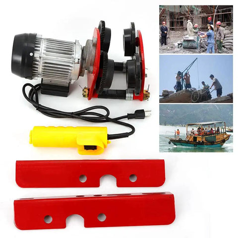 1 Ton Electric Trolley for Power Hoist 110V 200W Geared Overhead Crane with red and black steel frame and wheels shown