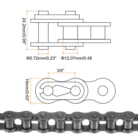 Diagram of Three-Quarter Inch Pitch 12B Metric Standard Roller Chain 5 Feet Carbon Steel Industrial Drive Chain, 80 Links