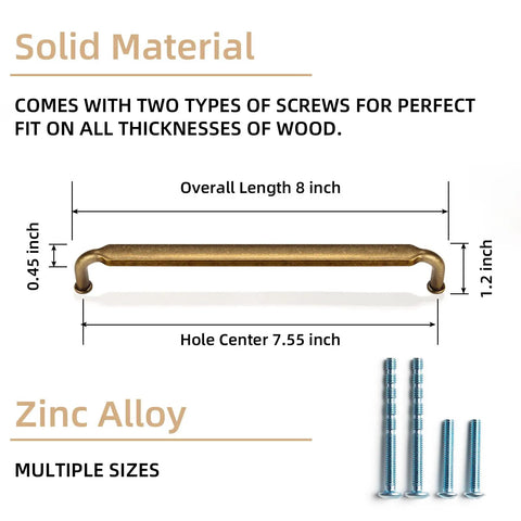 Six Pack 7-1/2 Inch Hole Center Cabinet Pulls In Antique Brass Zinc Alloy For Kitchen Drawers And Cabinets, 7.9 Inch Overall Length, Includes M4 Screws