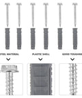 Ribbed Plastic Wall Anchors And Carbon Steel Screws Kit For TV Bracket Mounting Heavy Duty Rust Resistant Suitable For Drywall And Hollow Walls 6 Anchors And 6 Screws, steel screw and plastic anchor close-up