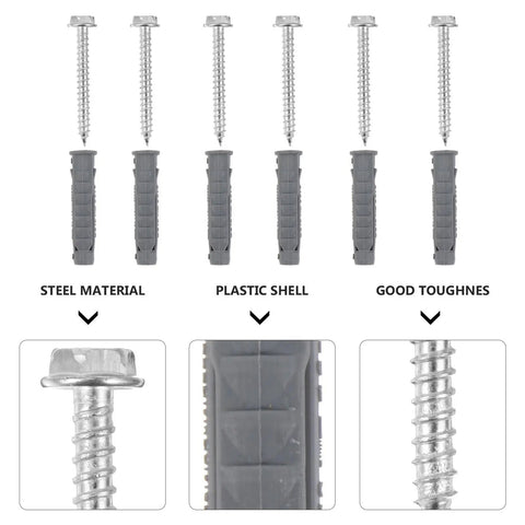 Ribbed Plastic Wall Anchors And Carbon Steel Screws Kit For TV Bracket Mounting Heavy Duty Rust Resistant Suitable For Drywall And Hollow Walls 6 Anchors And 6 Screws, steel screw and plastic anchor close-up