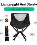 Ultra Compact Portable Camp Chair That Folds To Bottle Size Ready In Seconds A Real Game Changer For Camping And Outdoors Supports Up To 350 Lbs Lightweight And Built For Hiking Adventures Black with measurement details