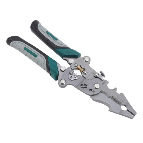 Solid Real Deal 16 In 1 Foldable Wire Stripper And Multifunctional Pliers with gray handles and shiny steel body for wire work.