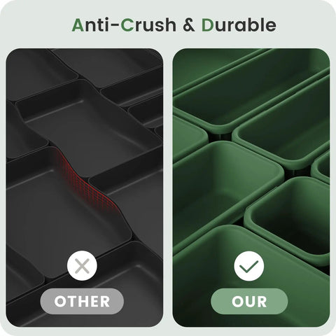 Comparison showing Military Grade Drawer Organizer Set With 177 Item Capacity, 28 Piece 5 Sizes In Green against a standard black organizer.