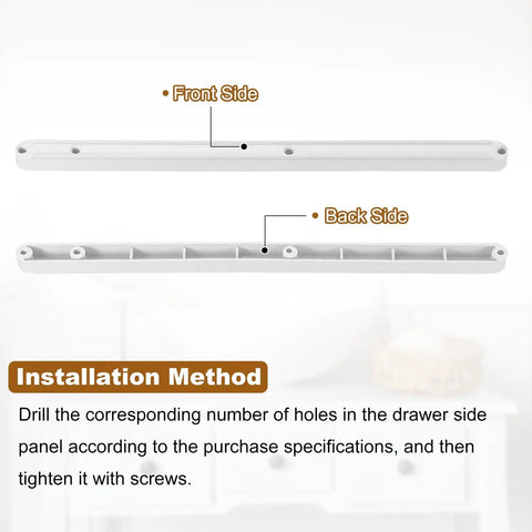 Sweet Upgrade 8 Pair 300Mm White Plastic Drawer Slides side mounted groove rail kit front and back view with installation guide.