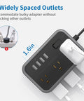 Six Widely Spaced Outlets Power Strip With Two-Sided Design And Four USB Ports, 15 Ft Flat Plug Extension Cord shown up close