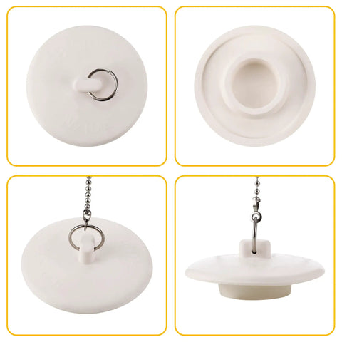 Heavy Duty Rubber Tub Stopper With Fifteen Inch Stainless Steel Beaded Chain Fits 1.5 To 2 Inch Drains locks securely in place.