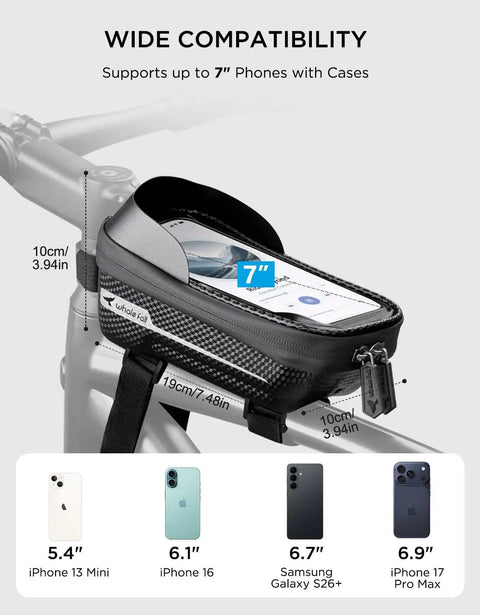 Waterproof Bike Frame Bag With 3D EVA Hard Shell And Sealed Zipper Top Tube Phone Holder Pouch for 7-inch phones on bike frame.