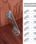 30 Pcs Corner Brackets for Wood and Metal Right Angle Braces with Screws, showing stainless steel corner fastener on wooden surface