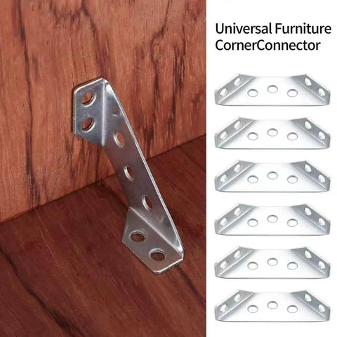 30 Pcs Corner Brackets for Wood and Metal Right Angle Braces with Screws, showing stainless steel corner fastener on wooden surface