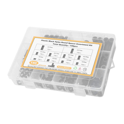 Pro Grade Nylon Spacer Assortment Kit With Heat And Wear Resistance For Electronics And DIY Projects, Lightweight Storage Helpers, Includes Multiple Sizes For Tight, Secure Mounts And Cushioning. Clear box of black nylon round spacers, 150pcs, 6x3-6x25mm