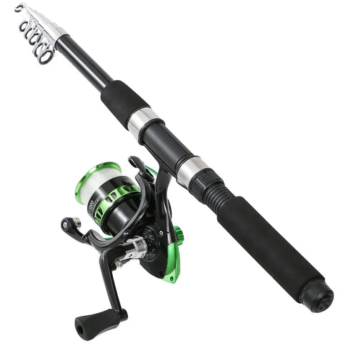 6.9 Foot Telescopic Rod And Reel Combo With Pliers And Lip Gripper, Lures, Accessories, And Carry Case, Ready To Fish Starter Kit, Portable Spinning Reel Set With 5.2 To 1 Gear Ratio, Green LF30.