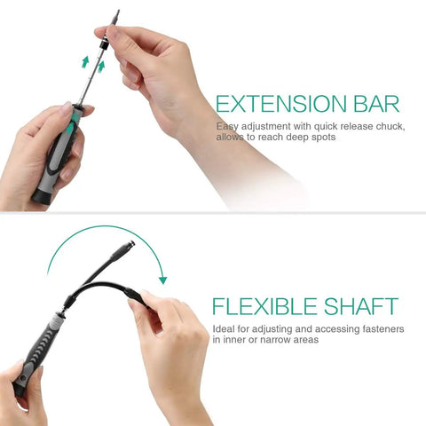 Hands using extension bar and flexible shaft from 130 In 1 Magnetic Precision Screwdriver Kit With 120 Bits And 3 Extra Length Bits