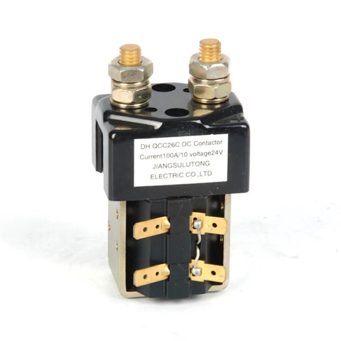 Top Quality Dc Contactors Qcc26c-100a Amps For Full Electric Truck Stackers 12 Volt System shown in black with gold connectors.