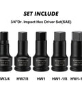 Three Quarter Inch Drive Impact Hex Bit Set Five Piece SAE Kit Built Tough For Maximum Torque on white background