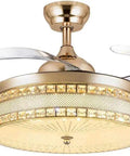 42 Inch Gold Crystal Ceiling Fan With Retractable Blades And Warm Light No Sweat Remote Control, elegant design for kitchens and bedrooms.