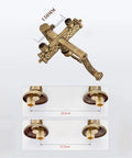 Antique Brass Exposed Shower System with Tub Spout 90° Rotating, brass control valve with retro design, dimensions shown.
