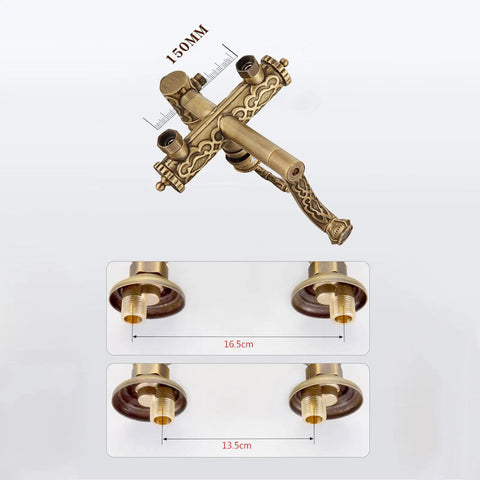 Antique Brass Exposed Shower System with Tub Spout 90° Rotating, brass control valve with retro design, dimensions shown.