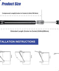 10 Inch Gas Spring Shocks Heavy Duty Lift Supports 22 Point 5 Lbs 100N, dimensions and installation instructions depicted.